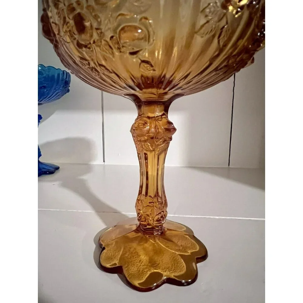 Vintage Fenton Cabbage Rose, Amber Glass Footed Compote‎ Candy Dish